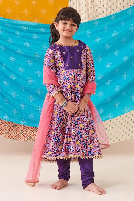 CUTE COUTURE Purple Muslin Silk Print Folklore Motif Jaal Patola Anarkali Set 