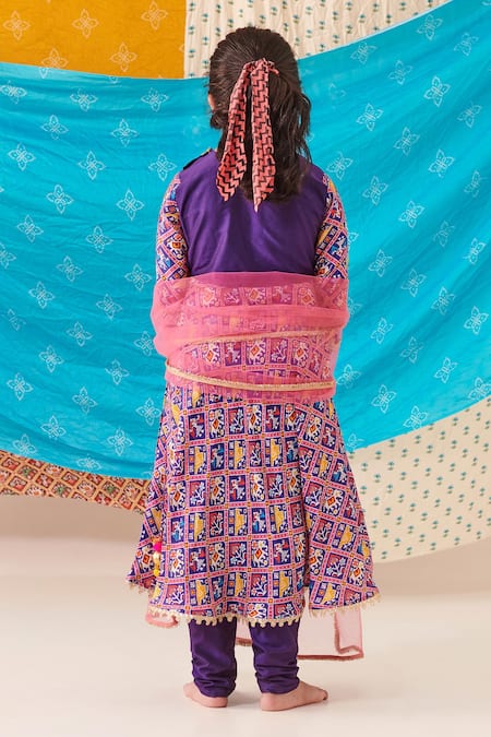 Shop Cute Couture Purple Muslin Silk Print Folklore Motif Jaal Patola Anarkali Set at Aza Fashions Shop_Cute Couture_Purple Muslin Silk Print Folklore Motif Jaal Patola Anarkali Set _at_Aza_Fashions