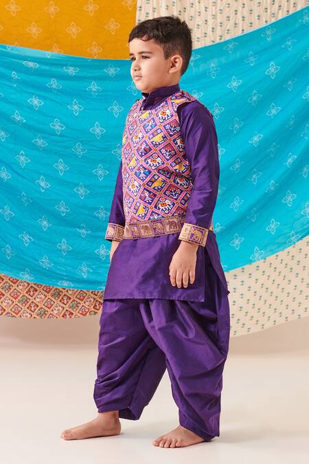 Cute Couture Purple Silk Print Elephant Motif Mosaic Bundi Kurta Set Online at Aza Fashions Cute Couture_Purple Silk Print Elephant Motif Mosaic Bundi Kurta Set _Online_at_Aza_Fashions