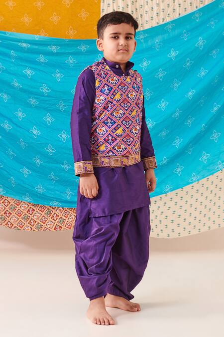 Buy Cute Couture Purple Silk Print Elephant Motif Mosaic Bundi Kurta Set Online at Aza Fashions Buy_Cute Couture_Purple Silk Print Elephant Motif Mosaic Bundi Kurta Set _Online_at_Aza_Fashions