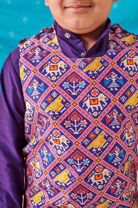 Shop Cute Couture Purple Silk Print Elephant Motif Mosaic Bundi Kurta Set Online at Aza Fashions Shop_Cute Couture_Purple Silk Print Elephant Motif Mosaic Bundi Kurta Set _Online_at_Aza_Fashions