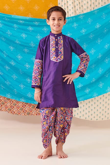 CUTE COUTURE Purple Silk Print Ethnic Motif Folklore Patch Kurta With Dhoti Pant 