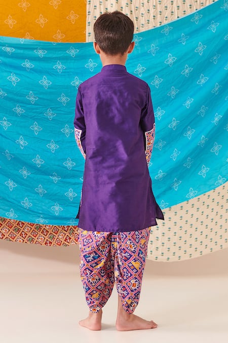 Shop Cute Couture Purple Silk Print Ethnic Motif Folklore Patch Kurta With Dhoti Pant at Aza Fashions Shop_Cute Couture_Purple Silk Print Ethnic Motif Folklore Patch Kurta With Dhoti Pant _at_Aza_Fashions