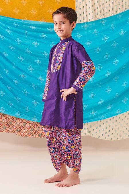 Cute Couture Purple Silk Print Ethnic Motif Folklore Patch Kurta With Dhoti Pant Online at Aza Fashions Cute Couture_Purple Silk Print Ethnic Motif Folklore Patch Kurta With Dhoti Pant _Online_at_Aza_Fashions