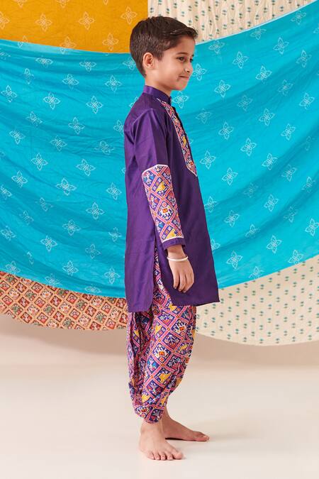 Buy Cute Couture Purple Silk Print Ethnic Motif Folklore Patch Kurta With Dhoti Pant Online at Aza Fashions Buy_Cute Couture_Purple Silk Print Ethnic Motif Folklore Patch Kurta With Dhoti Pant _Online_at_Aza_Fashions