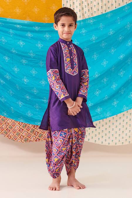 Shop Cute Couture Purple Silk Print Ethnic Motif Folklore Patch Kurta With Dhoti Pant Online at Aza Fashions Shop_Cute Couture_Purple Silk Print Ethnic Motif Folklore Patch Kurta With Dhoti Pant _Online_at_Aza_Fashions