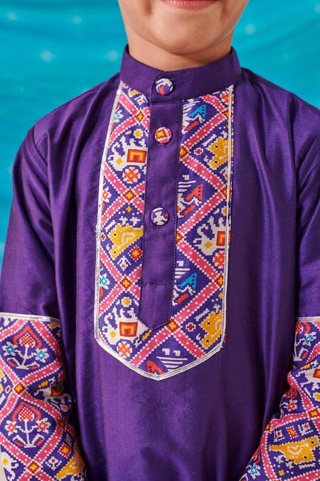Cute Couture Purple Silk Print Ethnic Motif Folklore Patch Kurta With Dhoti Pant at Aza Fashions Cute Couture_Purple Silk Print Ethnic Motif Folklore Patch Kurta With Dhoti Pant _at_Aza_Fashions