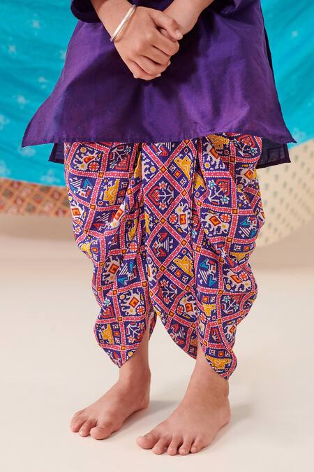 Buy Cute Couture Purple Silk Print Ethnic Motif Folklore Patch Kurta With Dhoti Pant Buy_Cute Couture_Purple Silk Print Ethnic Motif Folklore Patch Kurta With Dhoti Pant