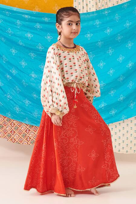 Buy Cute Couture Red Silk Print Phool Top With Bandhani Bloom Lehenga Online at Aza Fashions Buy_Cute Couture_Red Silk Print Phool Top With Bandhani Bloom Lehenga _Online_at_Aza_Fashions
