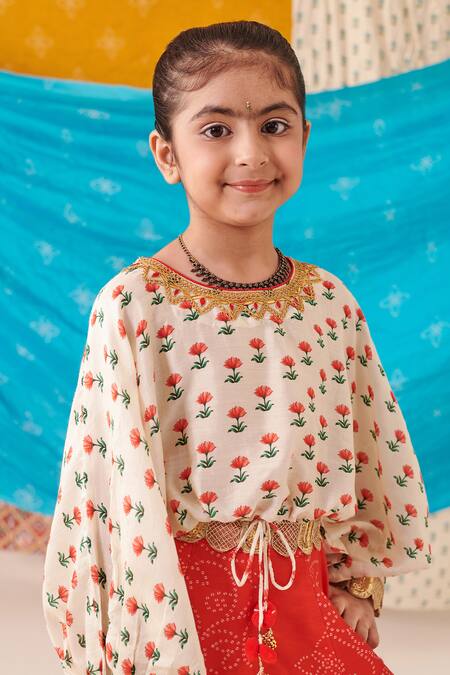 Shop Cute Couture Red Silk Print Phool Top With Bandhani Bloom Lehenga Online at Aza Fashions Shop_Cute Couture_Red Silk Print Phool Top With Bandhani Bloom Lehenga _Online_at_Aza_Fashions