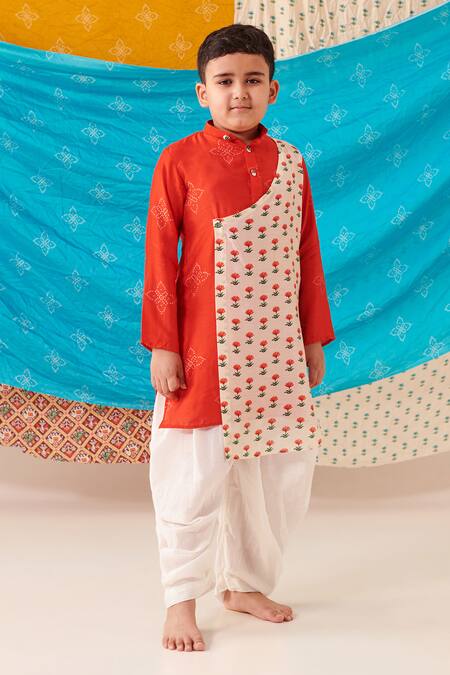 Buy Cute Couture Red Silk Print Bandhani And Blossom Flap Kurta With Dhoti Pant Online at Aza Fashions Buy_Cute Couture_Red Silk Print Bandhani And Blossom Flap Kurta With Dhoti Pant _Online_at_Aza_Fashions