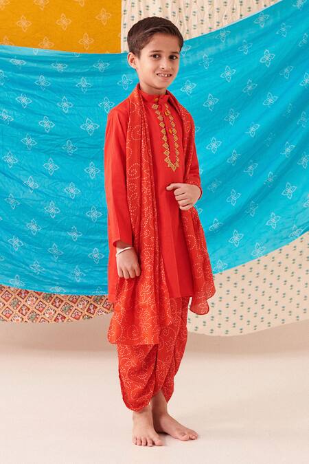 Cute Couture Red Silk Embellished Placket Kurta And Floral Bandhani Print Dhoti Pant Set Online at Aza Fashions Cute Couture_Red Silk Embellished Placket Kurta And Floral Bandhani Print Dhoti Pant Set _Online_at_Aza_Fashions