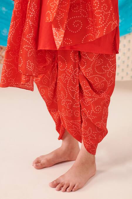 Shop Cute Couture Red Silk Embellished Placket Kurta And Floral Bandhani Print Dhoti Pant Set Online at Aza Fashions Shop_Cute Couture_Red Silk Embellished Placket Kurta And Floral Bandhani Print Dhoti Pant Set _Online_at_Aza_Fashions