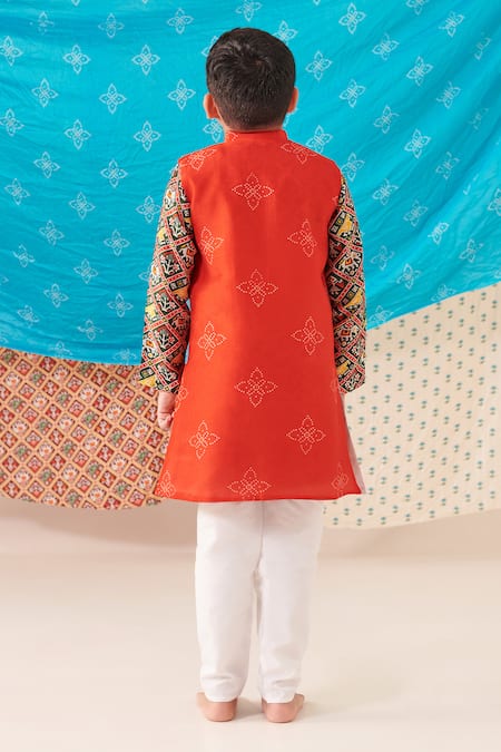 Shop Cute Couture Red Silk, Poplin, Cotton Embroidery Bandhani Bloom Print Bundi Kurta Set at Aza Fashions Shop_Cute Couture_Red Silk, Poplin, Cotton Embroidery Bandhani Bloom Print Bundi Kurta Set _at_Aza_Fashions