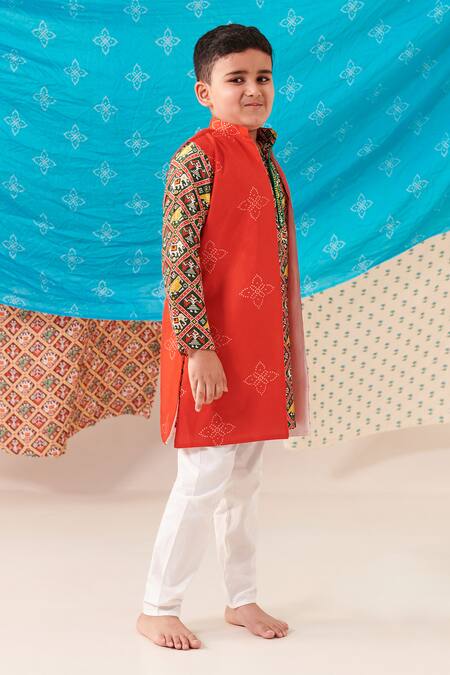 Buy Cute Couture Red Silk, Poplin, Cotton Embroidery Bandhani Bloom Print Bundi Kurta Set Online at Aza Fashions Buy_Cute Couture_Red Silk, Poplin, Cotton Embroidery Bandhani Bloom Print Bundi Kurta Set _Online_at_Aza_Fashions