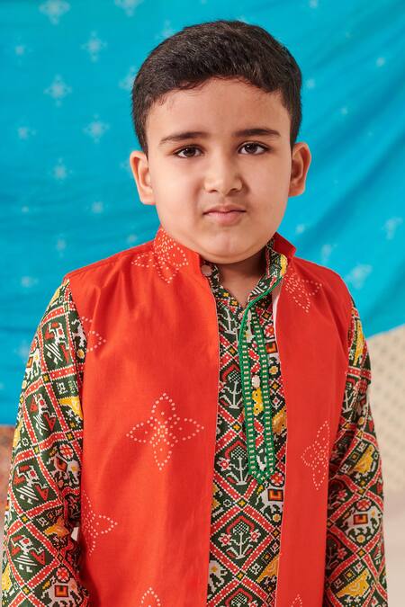 Shop Cute Couture Red Silk, Poplin, Cotton Embroidery Bandhani Bloom Print Bundi Kurta Set Online at Aza Fashions Shop_Cute Couture_Red Silk, Poplin, Cotton Embroidery Bandhani Bloom Print Bundi Kurta Set _Online_at_Aza_Fashions