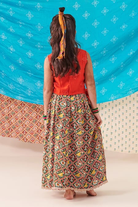 Shop Cute Couture Red Silk Print Phool Bloom Embroidered Top And Patola Lehenga Set at Aza Fashions Shop_Cute Couture_Red Silk Print Phool Bloom Embroidered Top And Patola Lehenga Set _at_Aza_Fashions