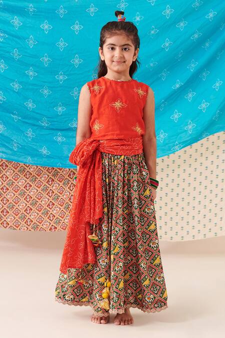 Buy Cute Couture Red Silk Print Phool Bloom Embroidered Top And Patola Lehenga Set Online at Aza Fashions Buy_Cute Couture_Red Silk Print Phool Bloom Embroidered Top And Patola Lehenga Set _Online_at_Aza_Fashions