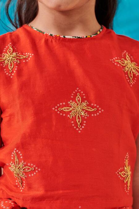 Cute Couture Red Silk Print Phool Bloom Embroidered Top And Patola Lehenga Set at Aza Fashions Cute Couture_Red Silk Print Phool Bloom Embroidered Top And Patola Lehenga Set _at_Aza_Fashions