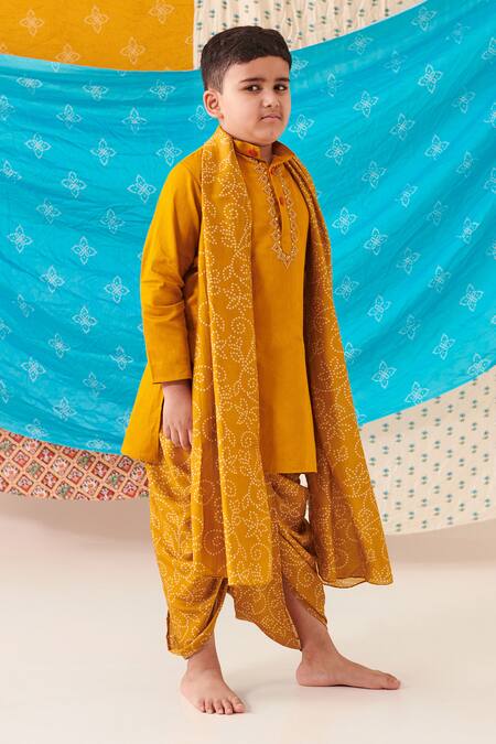 Cute Couture_Yellow Silk Lace Placket Kurta And Floral Bandhani Print Dhoti Pant Set _Online_at_Aza_Fashions