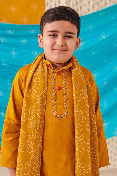 Buy_Cute Couture_Yellow Silk Lace Placket Kurta And Floral Bandhani Print Dhoti Pant Set _Online_at_Aza_Fashions