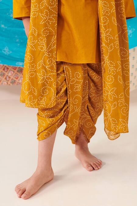Shop_Cute Couture_Yellow Silk Lace Placket Kurta And Floral Bandhani Print Dhoti Pant Set _Online_at_Aza_Fashions