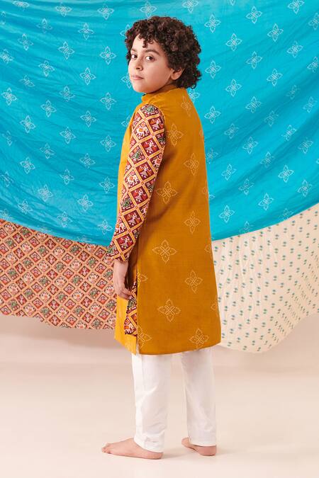 Buy_Cute Couture_Yellow Silk Print Bandhani Bloom Blossom Kurta Set _Online_at_Aza_Fashions