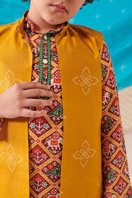 Shop_Cute Couture_Yellow Silk Print Bandhani Bloom Blossom Kurta Set _Online_at_Aza_Fashions
