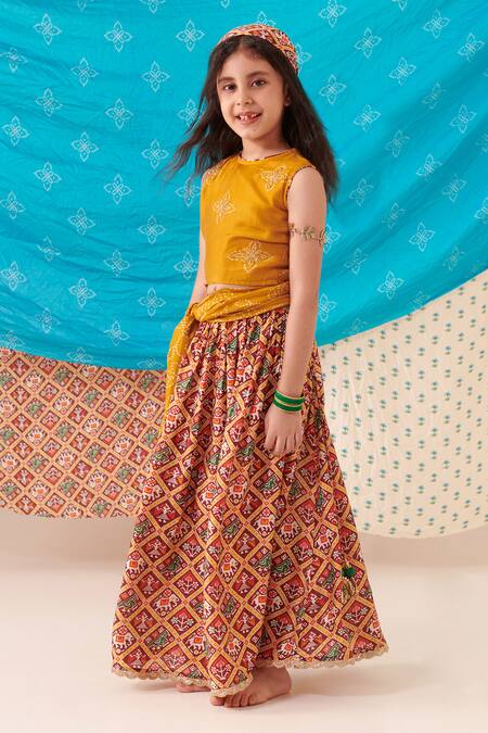 Cute Couture Yellow Silk Print Phool Bloom Blossom Embroidered Top And Patola Lehenga Set Online at Aza Fashions Cute Couture_Yellow Silk Print Phool Bloom Blossom Embroidered Top And Patola Lehenga Set _Online_at_Aza_Fashions