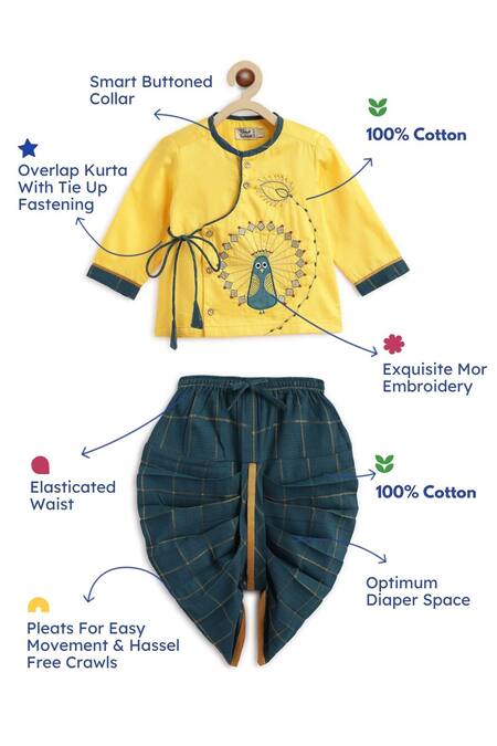 Tiber Taber_Yellow Cotton Embroidery Peacock Kurta Set _Online_at_Aza_Fashions