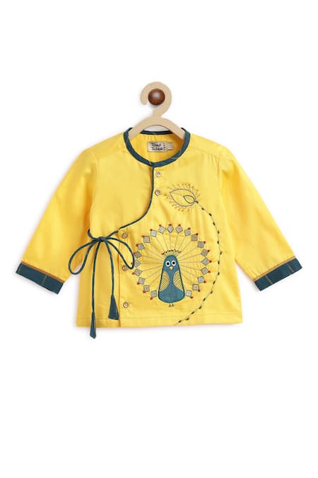 Buy_Tiber Taber_Yellow Cotton Embroidery Peacock Kurta Set _Online_at_Aza_Fashions