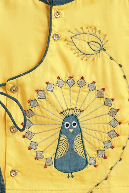 Shop_Tiber Taber_Yellow Cotton Embroidery Peacock Kurta Set _Online_at_Aza_Fashions