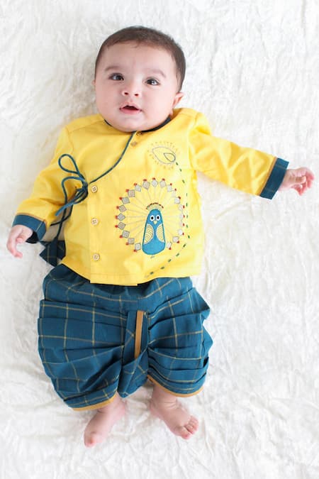 Tiber Taber_Yellow Cotton Embroidery Peacock Kurta Set _at_Aza_Fashions