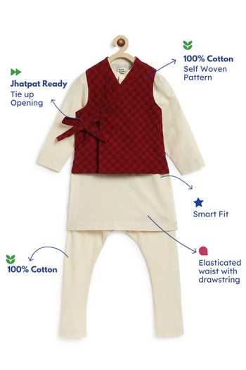 Tiber Taber_Maroon Cotton Self Woven Bundi Kurta Set _Online_at_Aza_Fashions