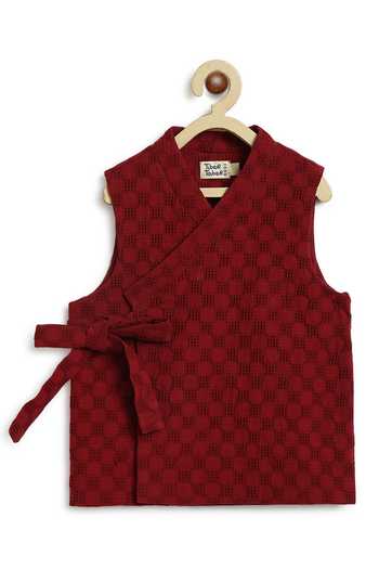 Shop_Tiber Taber_Maroon Cotton Self Woven Bundi Kurta Set _Online_at_Aza_Fashions