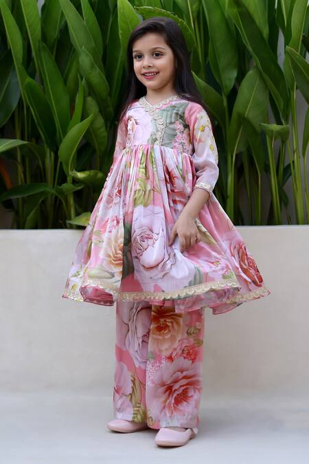 Janyas Closet_Peach Satin Printed Floral Pleated Kurta With Pant_Online_at_Aza_Fashions