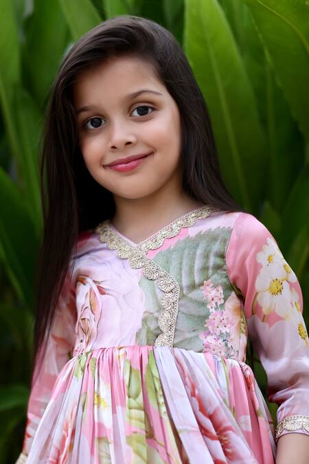 Shop_Janyas Closet_Peach Satin Printed Floral Pleated Kurta With Pant_Online_at_Aza_Fashions