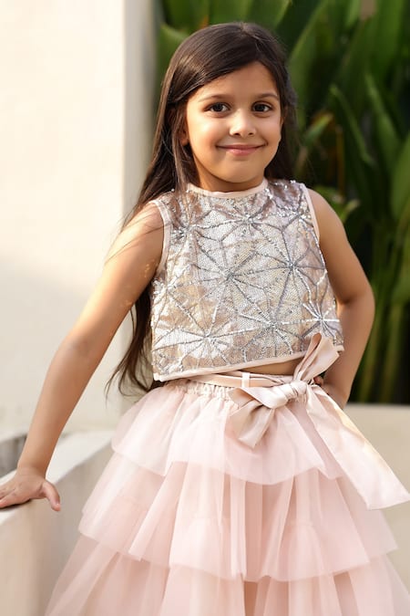 Janyas Closet Ivory Satin Silk Embroidered Sequin Tiered Skirt With Blouse Online at Aza Fashions Janyas Closet_Ivory Satin Silk Embroidered Sequin Tiered Skirt With Blouse_Online_at_Aza_Fashions