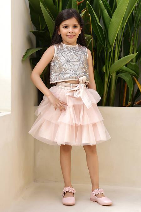 Janyas Closet Ivory Satin Silk Embroidered Sequin Tiered Skirt With Blouse at Aza Fashions Janyas Closet_Ivory Satin Silk Embroidered Sequin Tiered Skirt With Blouse_at_Aza_Fashions