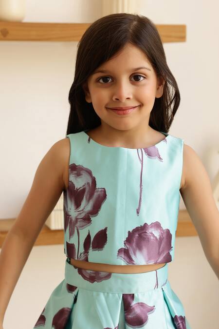 Buy Janyas Closet Green Satin Printed Floral Skirt With Top Online at Aza Fashions Buy_Janyas Closet_Green Satin Printed Floral Skirt With Top_Online_at_Aza_Fashions