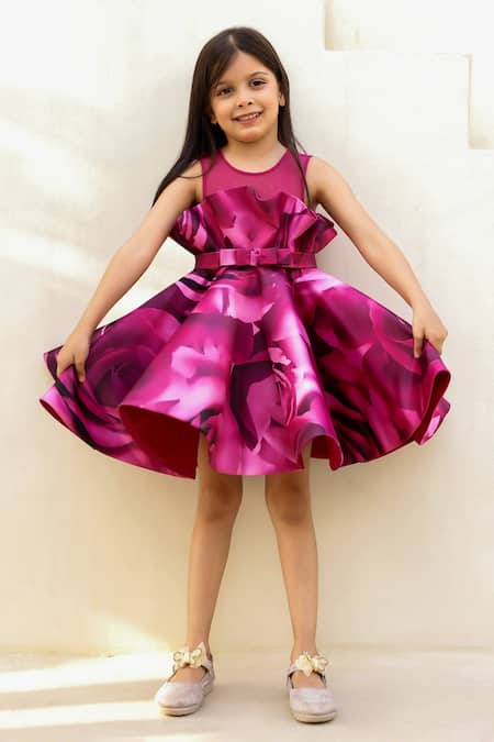 JANYAS CLOSET Wine Satin Organza Printed Rose Hand Tucked Drape Dress 