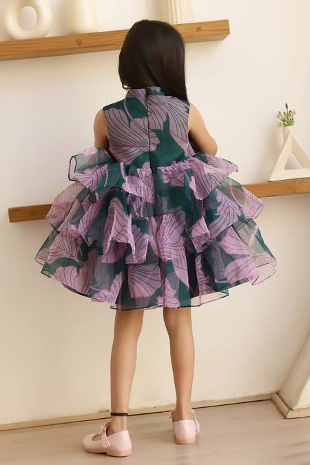 Shop Janyas Closet Green Silk, Organza Bows Flora Printed Tiered A-line Dress at Aza Fashions Shop_Janyas Closet_Green Silk, Organza Bows Flora Printed Tiered A-line Dress_at_Aza_Fashions