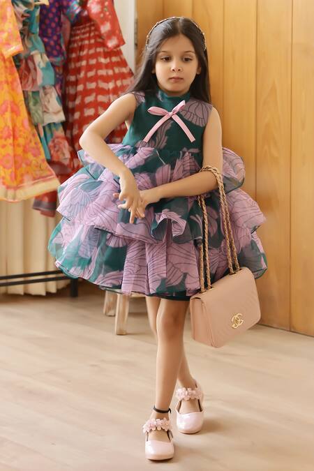 Janyas Closet Green Silk, Organza Bows Flora Printed Tiered A-line Dress Online at Aza Fashions Janyas Closet_Green Silk, Organza Bows Flora Printed Tiered A-line Dress_Online_at_Aza_Fashions