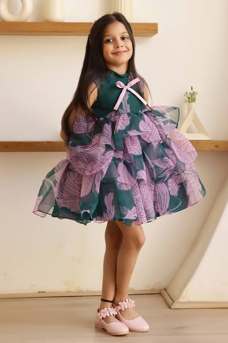Buy Janyas Closet Green Silk, Organza Bows Flora Printed Tiered A-line Dress Online at Aza Fashions Buy_Janyas Closet_Green Silk, Organza Bows Flora Printed Tiered A-line Dress_Online_at_Aza_Fashions