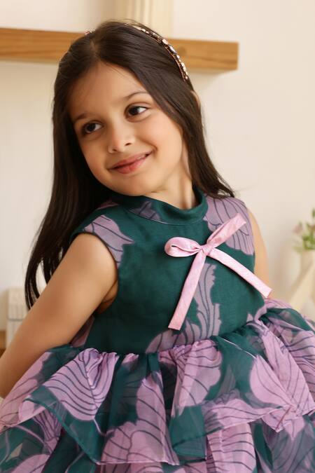 Shop Janyas Closet Green Silk, Organza Bows Flora Printed Tiered A-line Dress Online at Aza Fashions Shop_Janyas Closet_Green Silk, Organza Bows Flora Printed Tiered A-line Dress_Online_at_Aza_Fashions