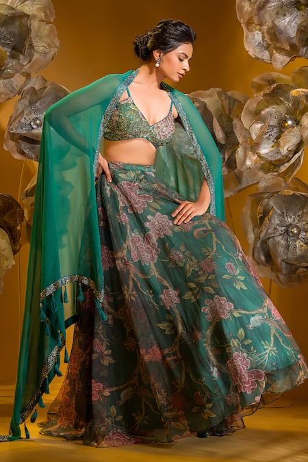 Sonia Baderia_Green Chiffon, Organza Embroidery, Tassels, Botanical Print Skirt Bralette Set _Online_at_Aza_Fashions