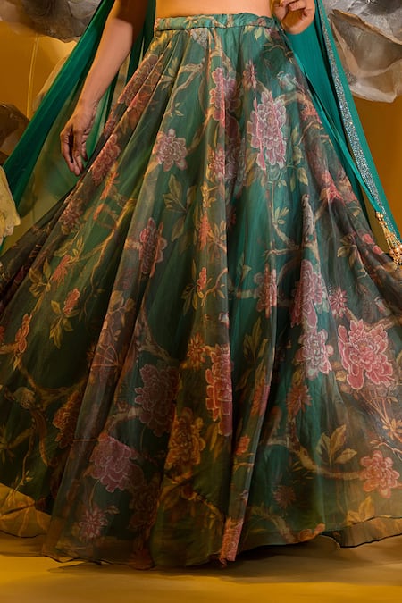 Buy_Sonia Baderia_Green Chiffon, Organza Embroidery, Tassels, Botanical Print Skirt Bralette Set _Online_at_Aza_Fashions