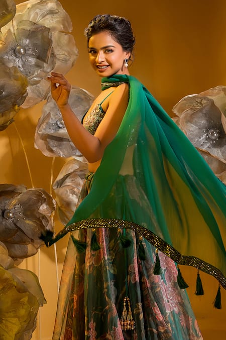 Shop_Sonia Baderia_Green Chiffon, Organza Embroidery, Tassels, Botanical Print Skirt Bralette Set _Online_at_Aza_Fashions
