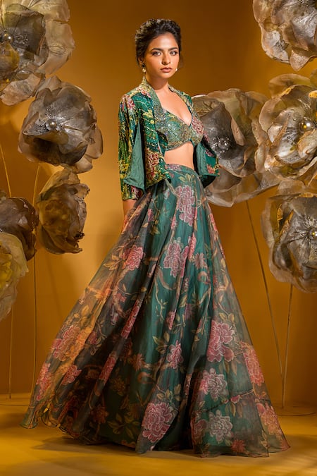 Buy_Sonia Baderia_Green Chiffon Stones V-, Open Swarovski Studded Jacket Skirt Set _Online_at_Aza_Fashions