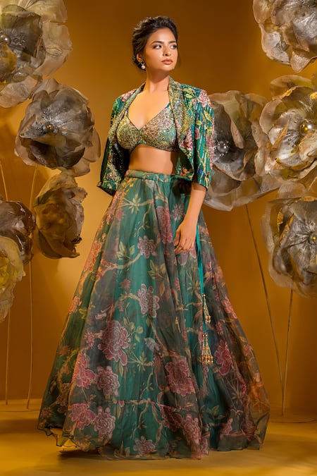 Shop_Sonia Baderia_Green Chiffon Stones V-, Open Swarovski Studded Jacket Skirt Set _Online_at_Aza_Fashions